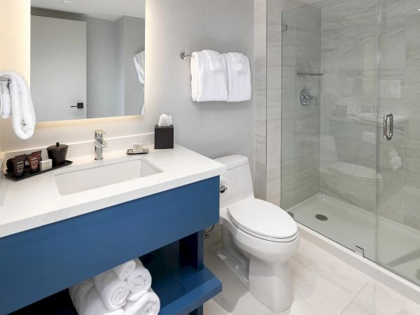 A modern bathroom with a blue vanity, white countertop, double sink, wall mirror, towel rack, and a glass-enclosed shower with marble tiles.