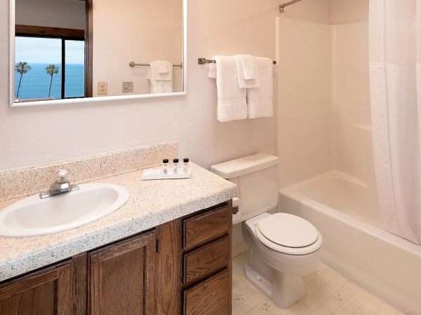 A bathroom with a wooden vanity, granite countertop, single sink, mirror, towels, toilet, and a bathtub with a shower curtain overlooking a window with a sea view.