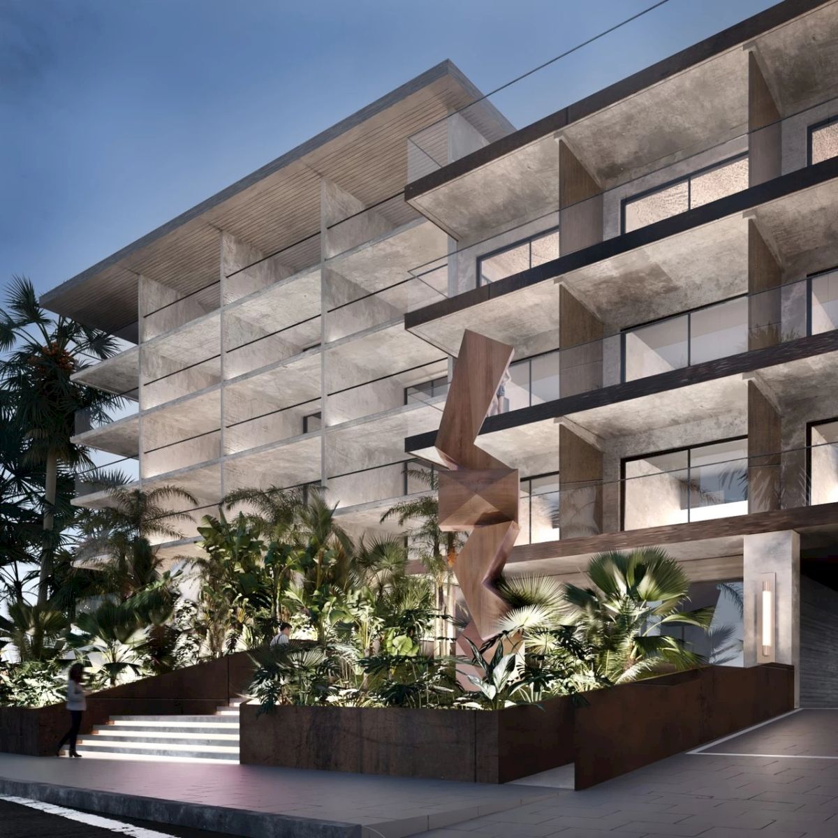 A modern atrium with a large geometric bronze sculpture and palm-filled garden in front of a concrete building.