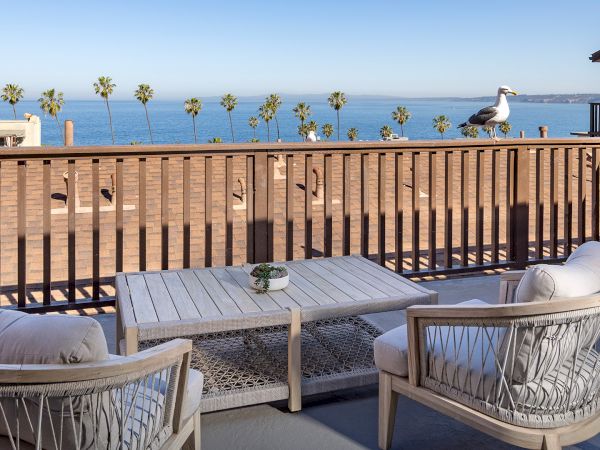A sunny balcony with white wicker chairs and a coffee table, overlooking a wooden railing, palm trees, the ocean, and a seagull nearby.